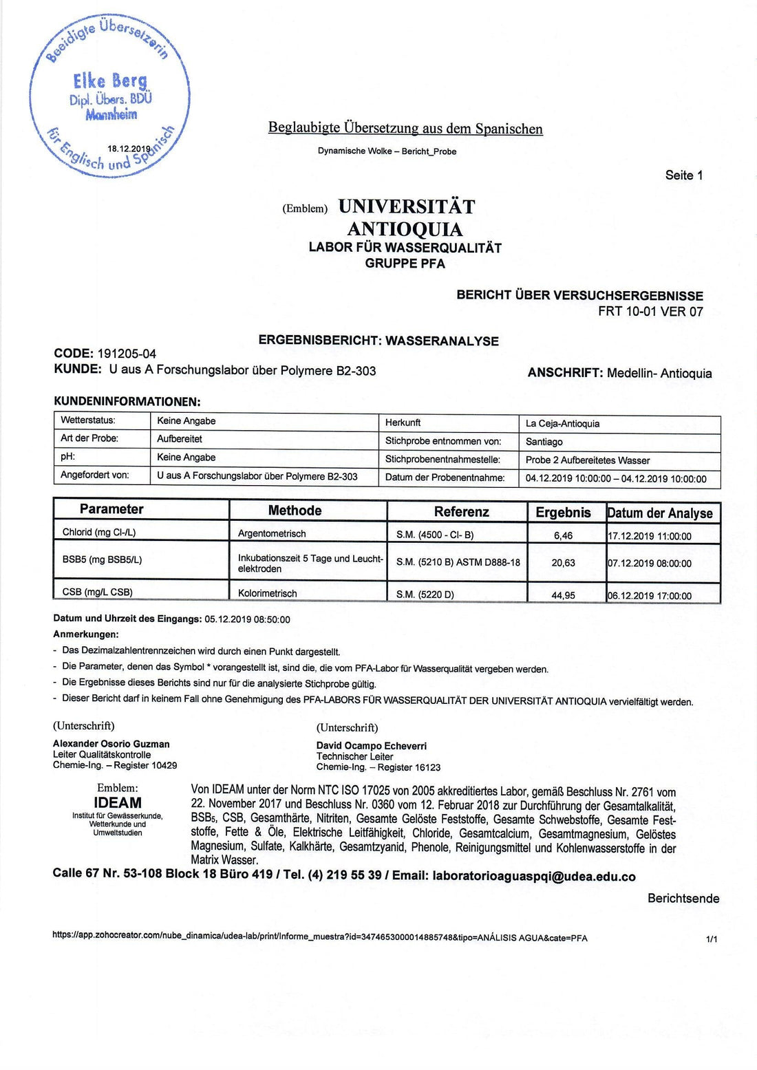 Beglaubigte Wasseranalyse der Universität Antioquia, Ergebnisbericht CODE 191205-04