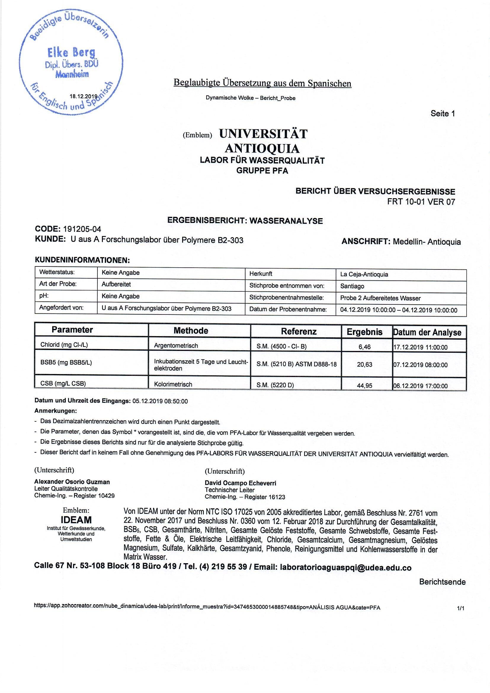 Beglaubigte Wasseranalyse der Universität Antioquia, Ergebnisbericht CODE 191205-04